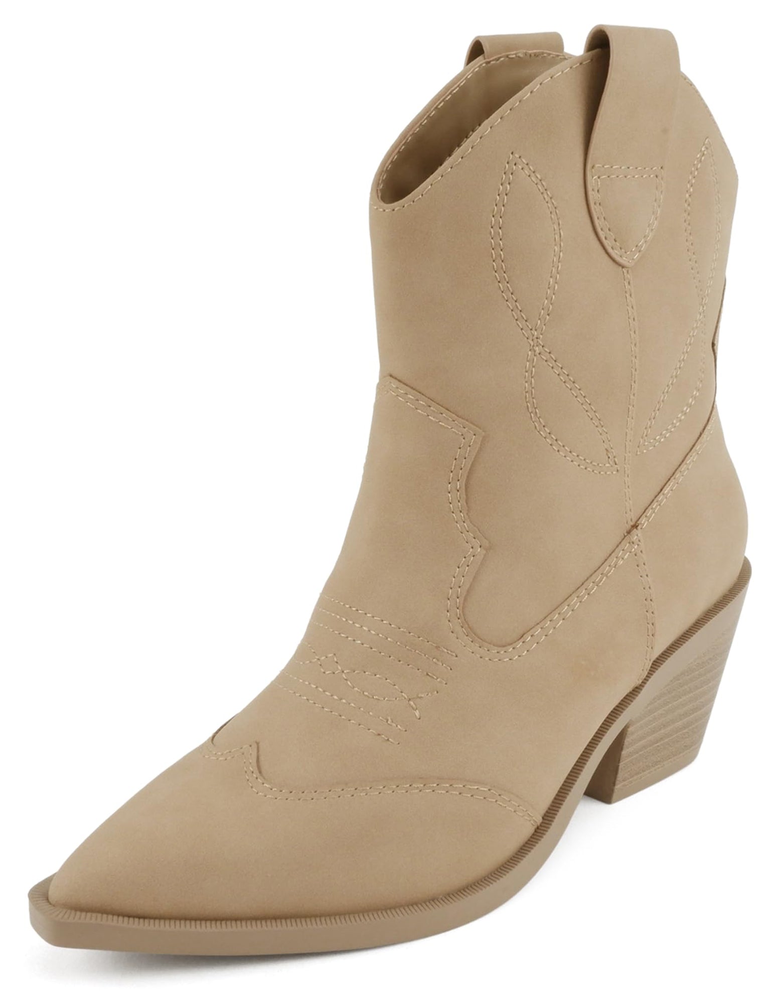 Soda Women Ankle Boots Western Cowboy Slip On Short Block Heel Pointed Toe Cowgirl Stitched Booties INCITY-S Camel Beige