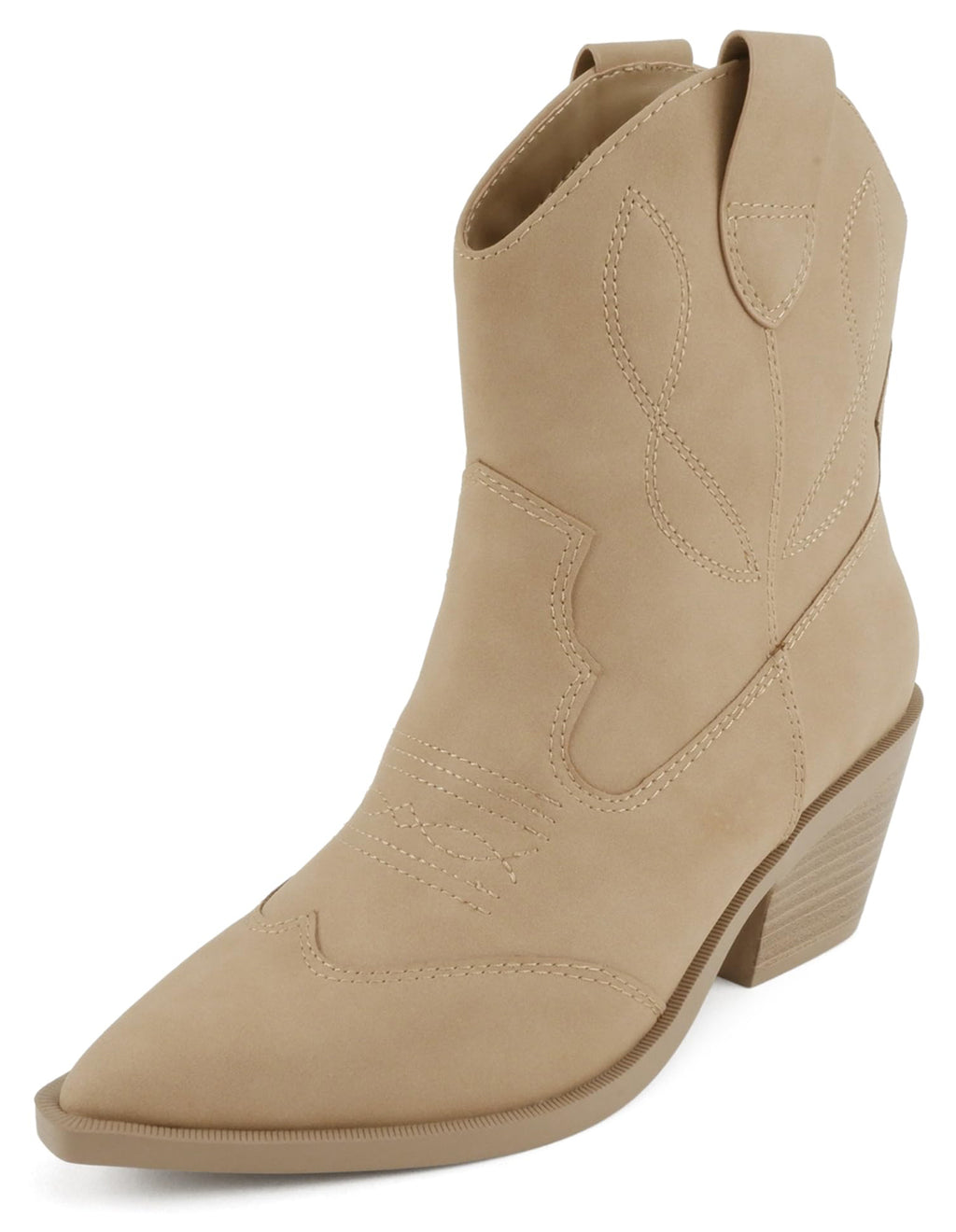 Soda Women Ankle Boots Western Cowboy Slip On Short Block Heel Pointed Toe Cowgirl Stitched Booties INCITY-S Camel Beige
