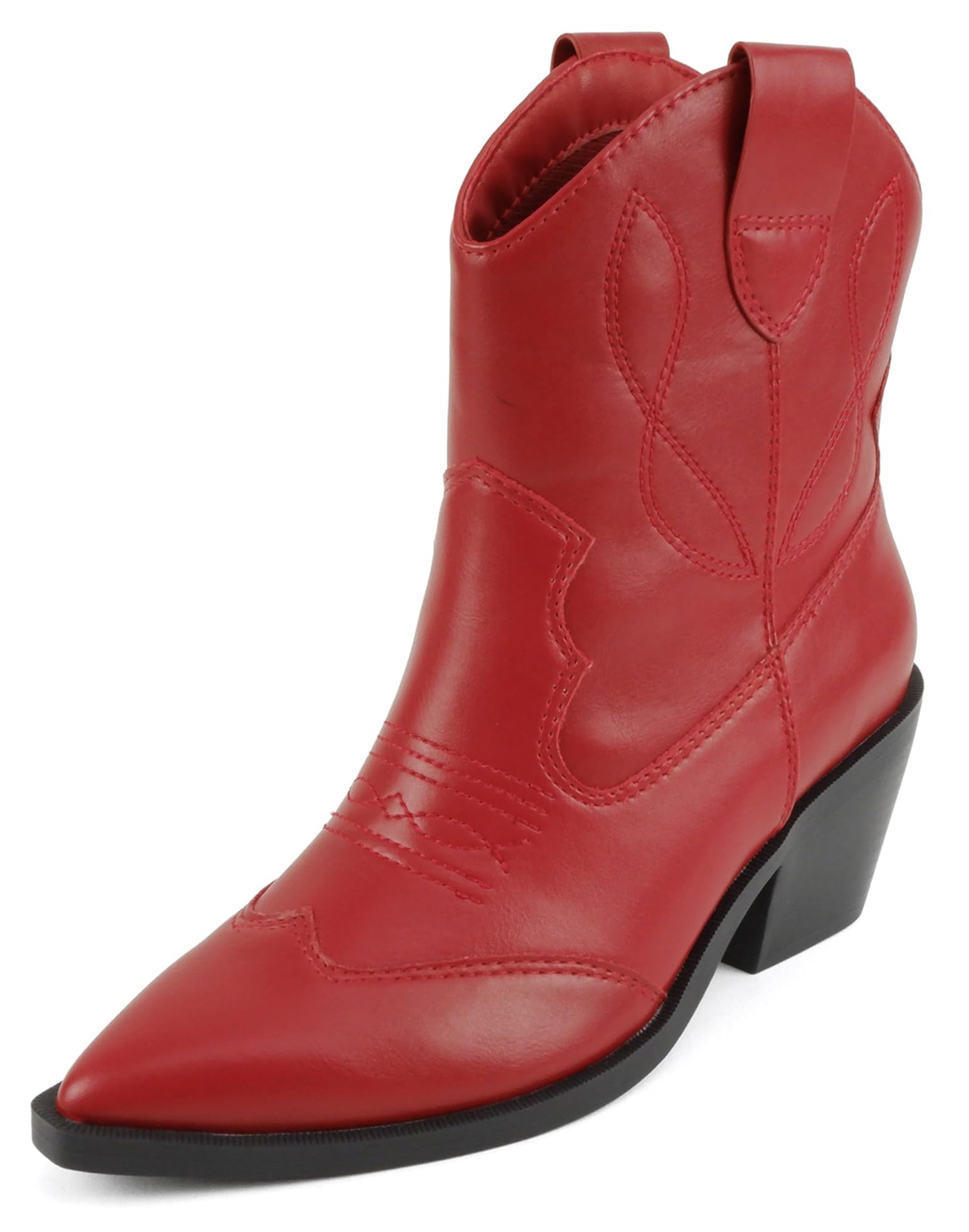 Soda Women Ankle Boots Western Cowboy Slip On Short Block Heel Pointed Toe Cowgirl Stitched Booties INCITY-S Red