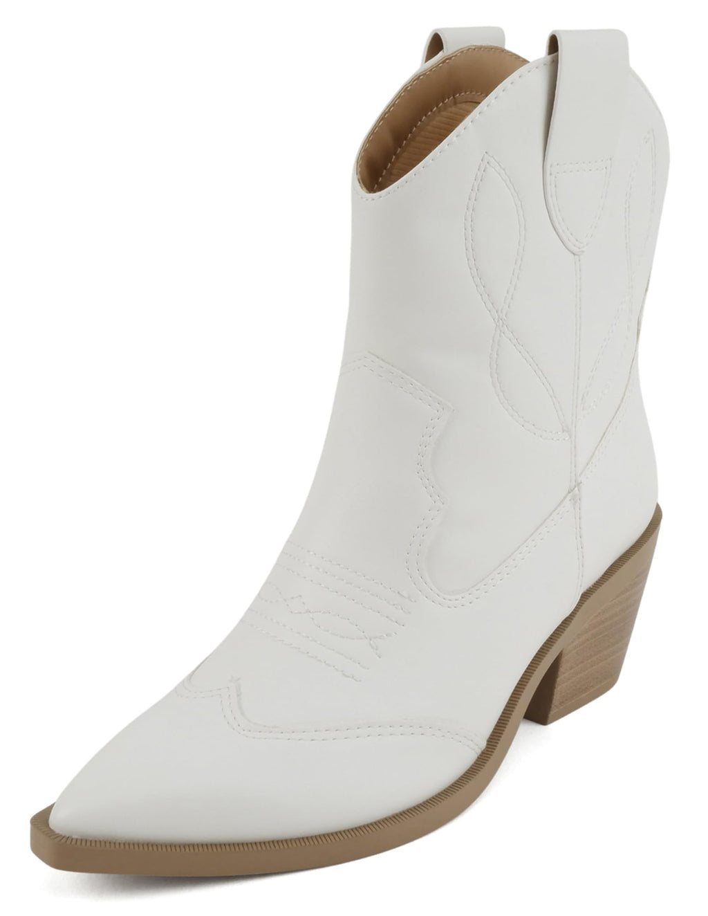 Soda Women Ankle Boots Western Cowboy Slip On Short Block Heel Pointed Toe Cowgirl Stitched Booties INCITY-S White