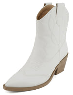 Soda Women Ankle Boots Western Cowboy Slip On Short Block Heel Pointed Toe Cowgirl Stitched Booties INCITY-S White