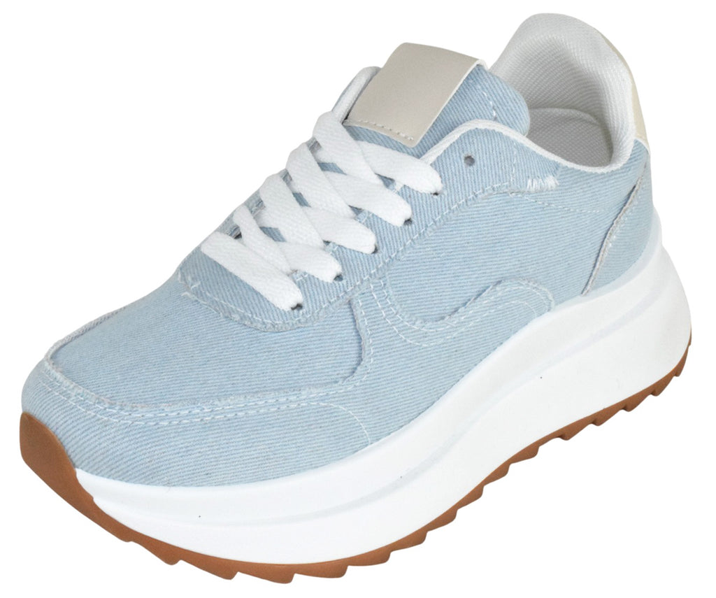 TOP MODA Women Chunky Fashion Sneakers Casual Lace-Up Walking Shoes Comfort Trainers Platform Thick Sole INU-1 Blue Denim