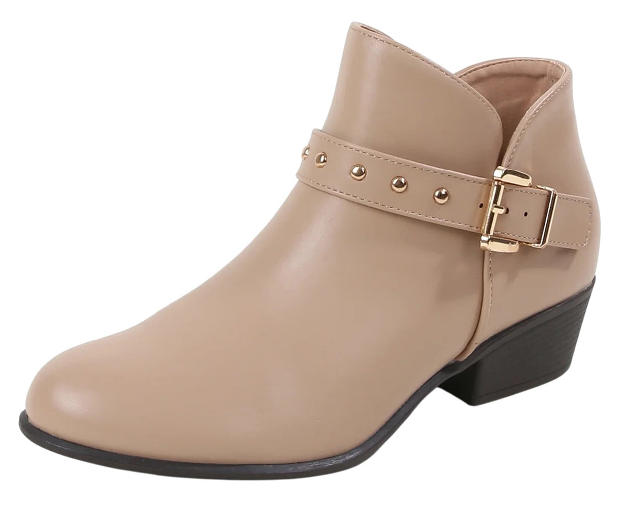 Berness Women Ankle Boots Buckle Studded Strap Sides Zippers Block Short Heel Booties KASHVI Beige