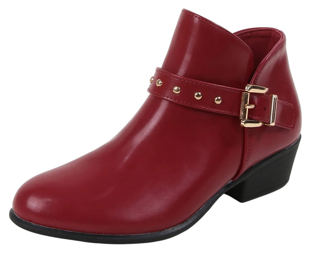 Berness Women Ankle Boots Buckle Studded Strap Sides Zippers Block Short Heel Booties KASHVI Burgundy Red