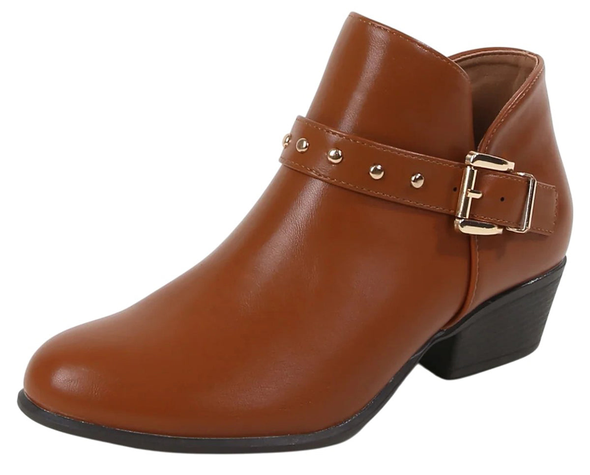 Berness Women Ankle Boots Buckle Studded Strap Sides Zippers Block Short Heel Booties KASHVI Camel Brown