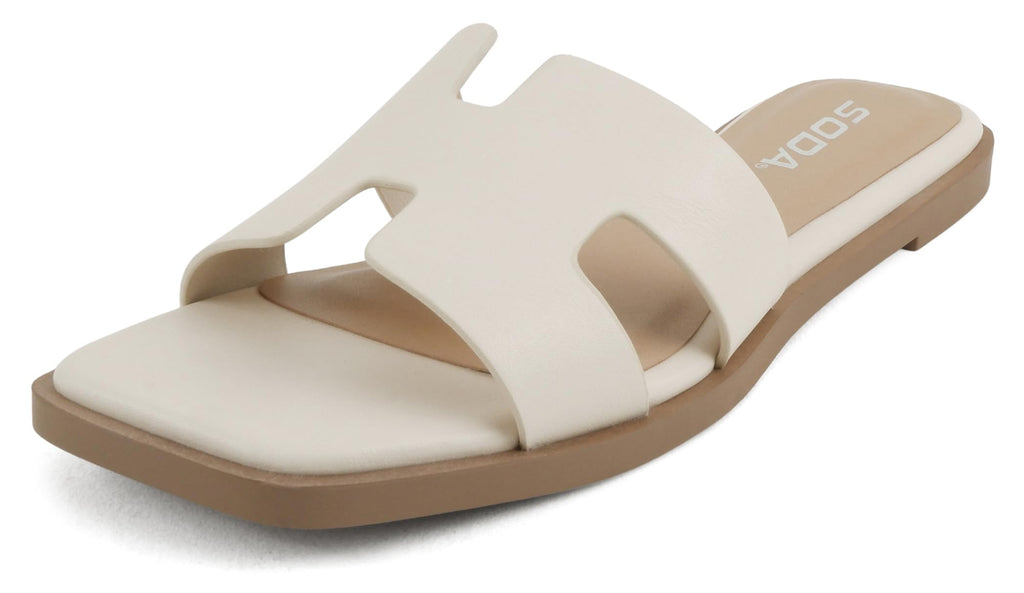 Soda Shoes Women Slip-On Cushioned Sandals H-Band Flat Flip-Flops Slides Square Toe KNIT-S Beige