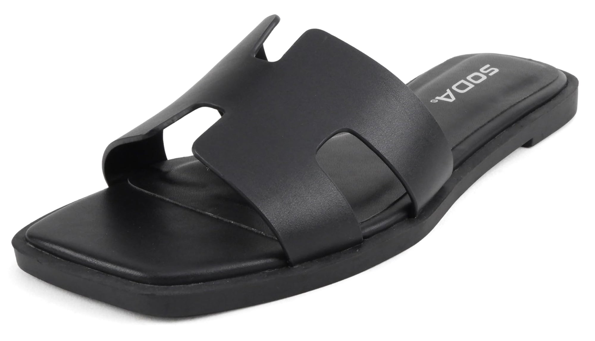 Soda Shoes Women Slip-On Cushioned Sandals H-Band Flat Flip-Flops Slides Square Toe KNIT-S Black PU