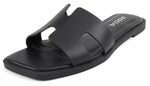Soda Shoes Women Slip-On Cushioned Sandals H-Band Flat Flip-Flops Slides Square Toe KNIT-S Black PU