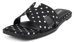 Soda Shoes Women Slip-On Cushioned Sandals H-Band Flat Flip-Flops Slides Square Toe KNIT-S Black Polka Dot