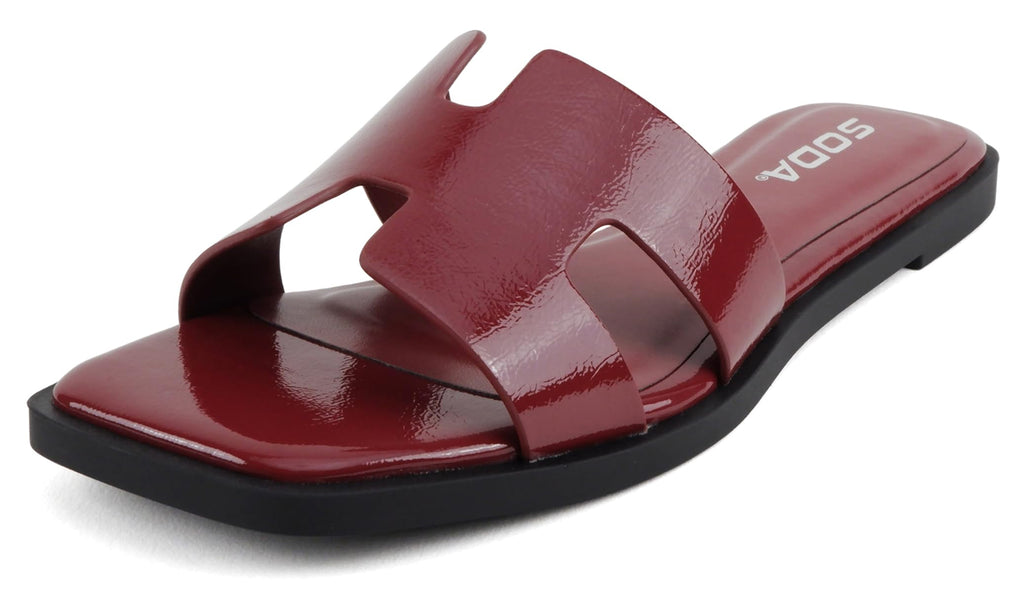Soda Shoes Women Slip-On Cushioned Sandals H-Band Flat Flip-Flops Slides Square Toe KNIT-S Cherry Burgundy Red