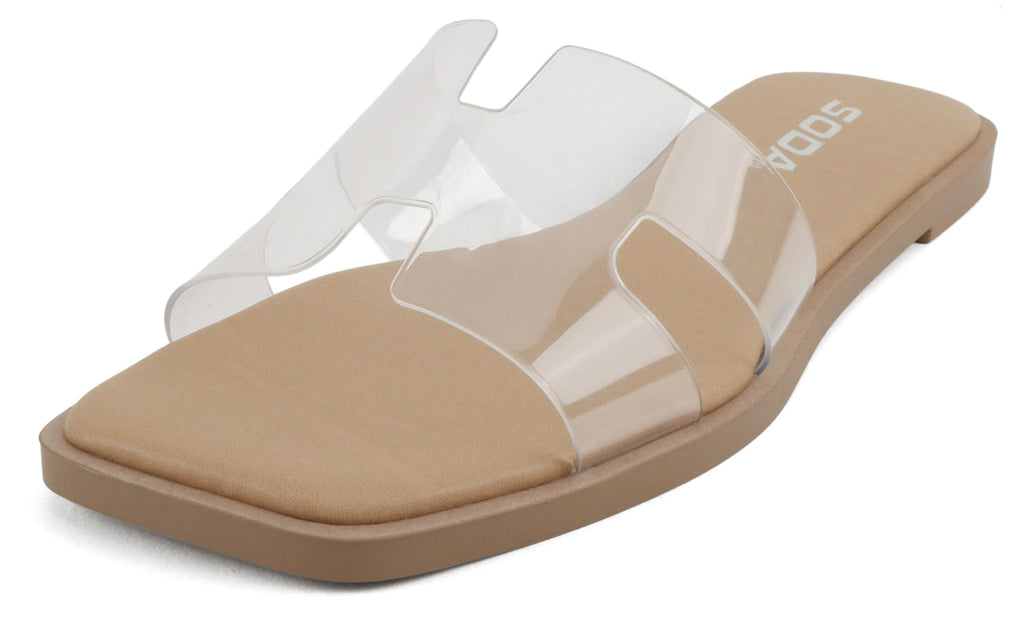 Soda Shoes Women Slip-On Cushioned Sandals H-Band Flat Flip-Flops Slides Square Toe KNIT-S Clear