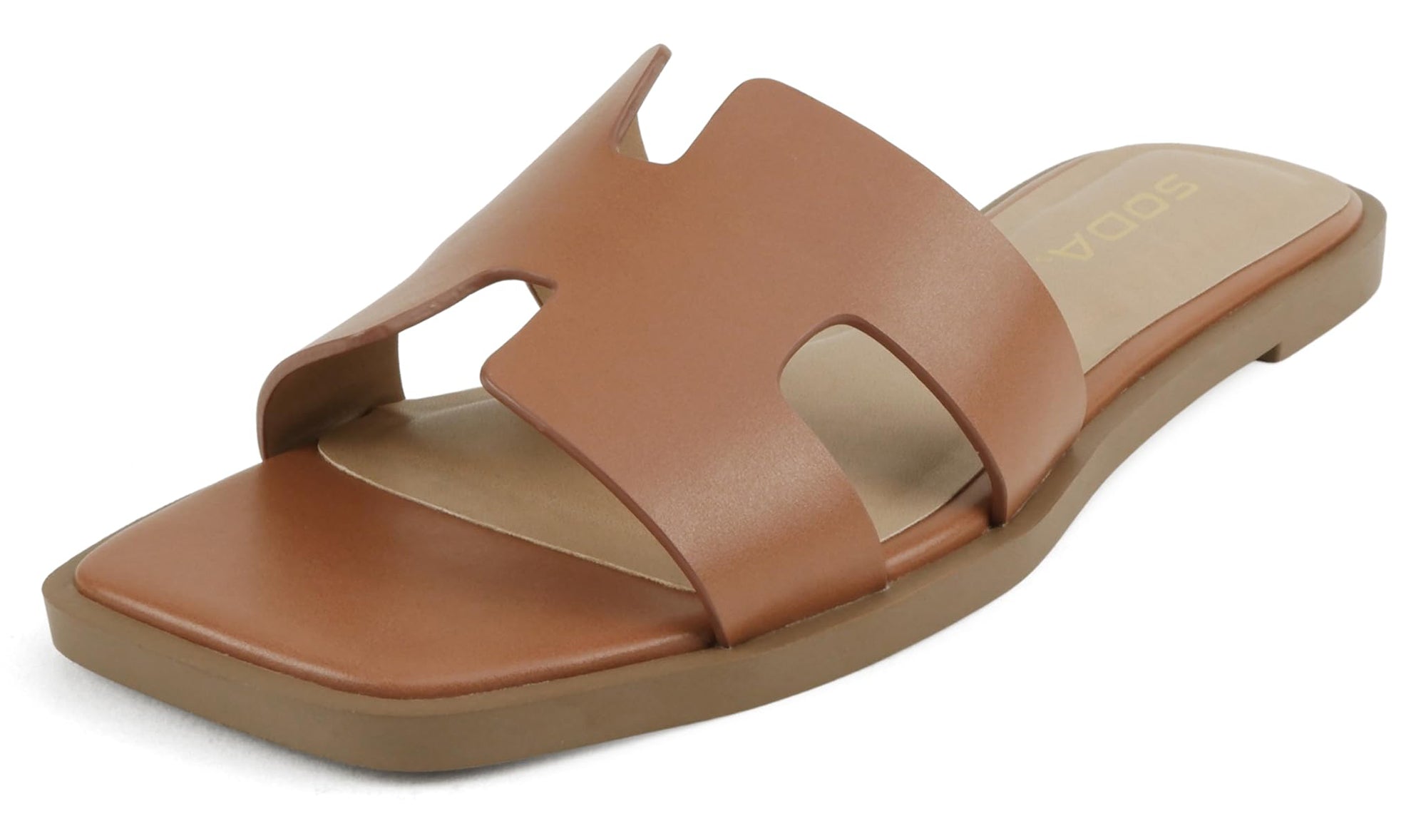 Soda Shoes Women Slip-On Cushioned Sandals H-Band Flat Flip-Flops Slides Square Toe KNIT-S Cognac 