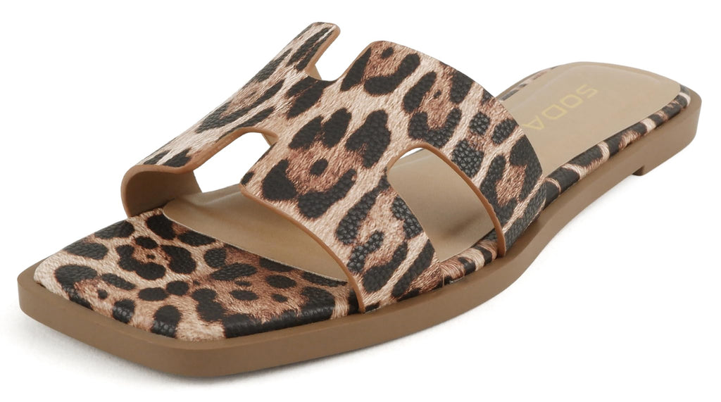 Soda Shoes Women Slip-On Cushioned Sandals H-Band Flat Flip-Flops Slides Square Toe KNIT-S Leopard Cheetah