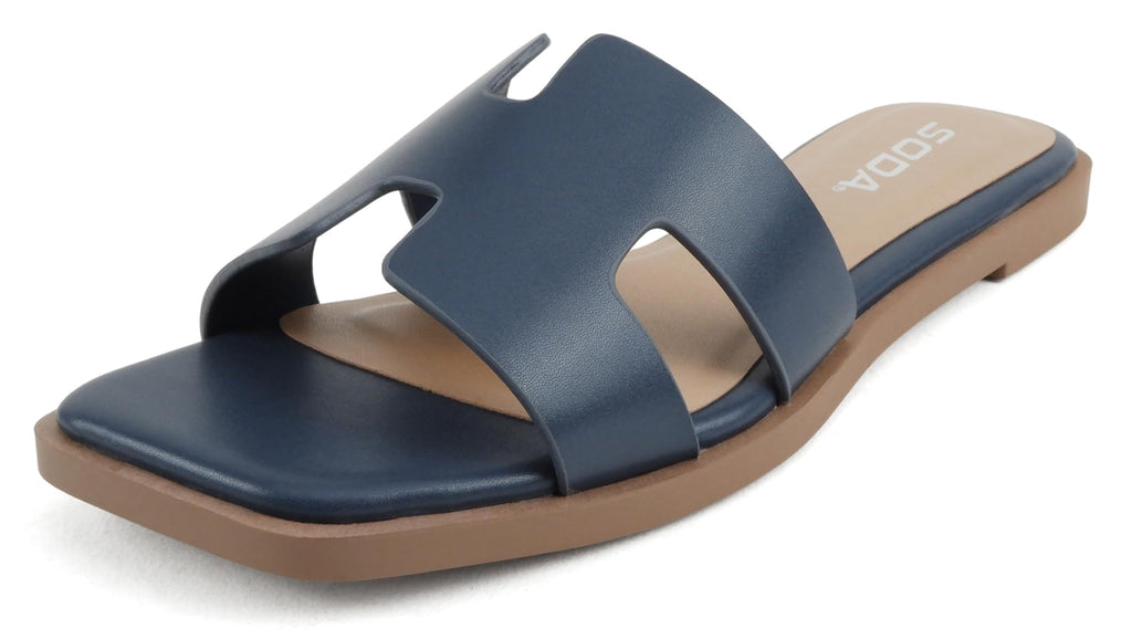 Soda Shoes Women Slip-On Cushioned Sandals H-Band Flat Flip-Flops Slides Square Toe KNIT-S Navy