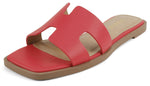 Soda Shoes Women Slip-On Cushioned Sandals H-Band Flat Flip-Flops Slides Square Toe KNIT-S Red PU