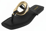 Berness Women’s Thong Sandals – Gold Hardware Accent Square Toe Flat Sandals, Slip-On Dressy Summer Sandals KORI Black
