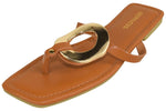 Berness Women’s Thong Sandals – Gold Hardware Accent Square Toe Flat Sandals, Slip-On Dressy Summer Sandals KORI Camel Brown