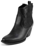 SODA Women Western Cowboy Ankle Boots Pointed Toe Booties with Embroidered Stitching, Stacked Block Heel, Side Zipper and Pull Tabs, Fashion Western Ankle Booties LARRY Black