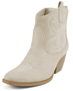 SODA Women Western Cowboy Ankle Boots Pointed Toe Booties with Embroidered Stitching, Stacked Block Heel, Side Zipper and Pull Tabs, Fashion Western Ankle Booties LARRY Clay Beige Suede