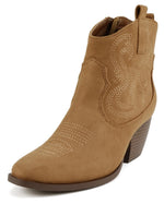 SODA Women Western Cowboy Ankle Boots Pointed Toe Booties with Embroidered Stitching, Stacked Block Heel, Side Zipper and Pull Tabs, Fashion Western Ankle Booties LARRY Brown Coffee