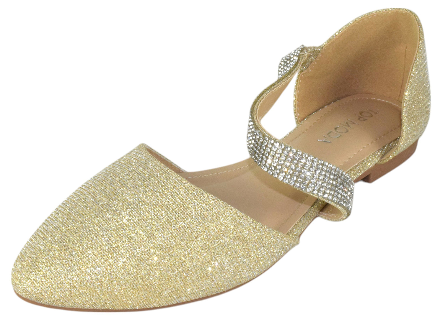 TOP MODA Women Shoes Flats Glitter Pointed Toe Dress Flats with Rhinestone Strap Elegant Slip-On Gold Sparkle LENNON-5