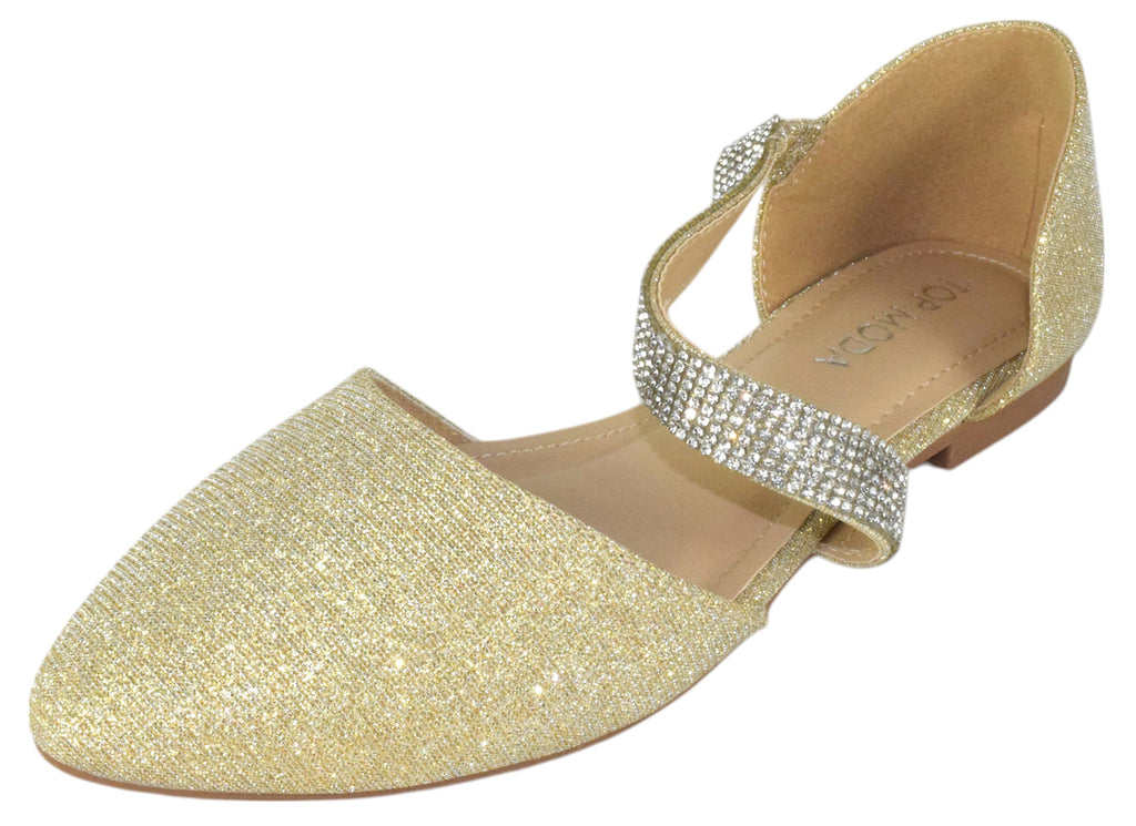 TOP MODA Women Shoes Flats Glitter Pointed Toe Dress Flats with Rhinestone Strap Elegant Slip-On Gold Sparkle LENNON-5