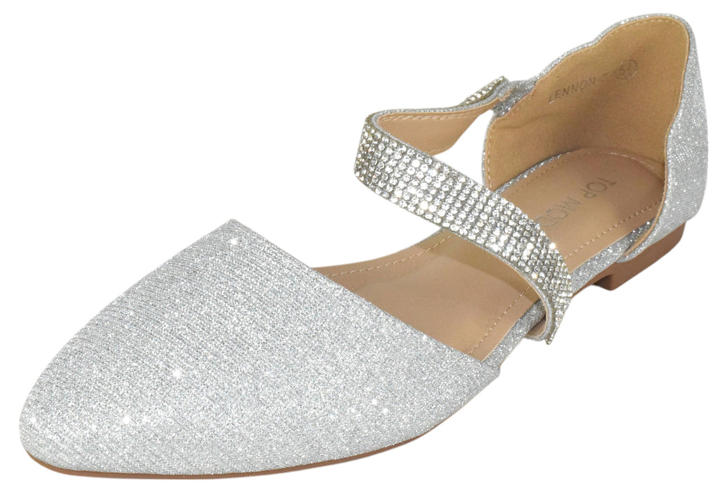 TOP MODA Women Shoes Flats Glitter Pointed Toe Dress Flats with Rhinestone Strap Elegant Slip-On Silver Sparkle LENNON-5