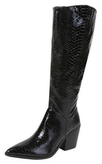 Berness Women Knee High Western Cowboy Boots Side Zippers Block High Heel Snakeskin Print LILIBETH Black Patent