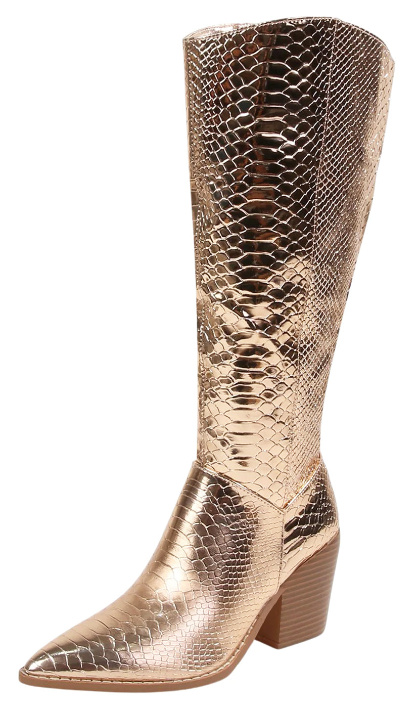 Berness Women Knee High Western Cowboy Boots Side Zippers Block High Heel Pointed Toe Snakeskin Print LILIBETH Champagne Gold