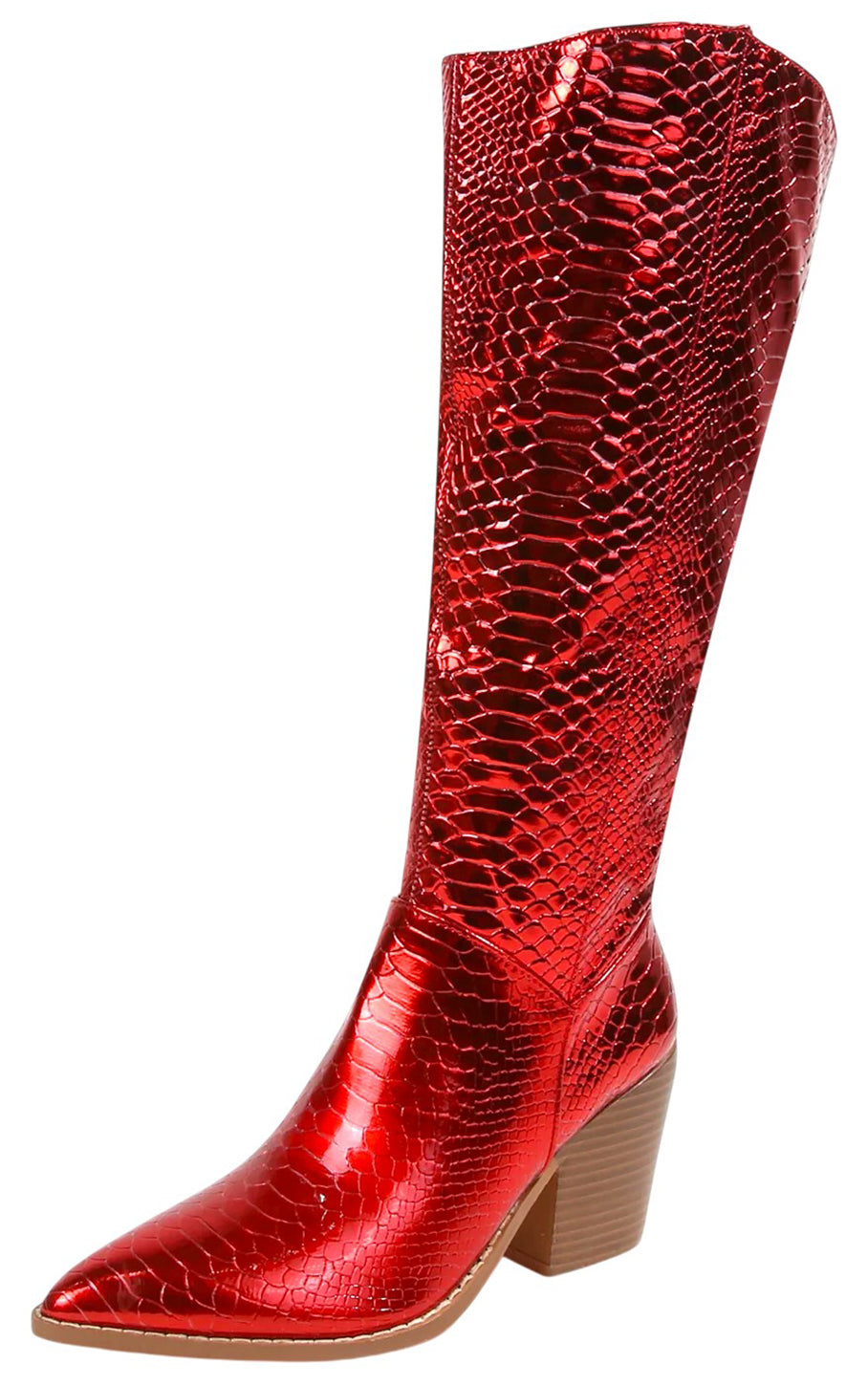 Berness Women Knee High Western Cowboy Boots Side Zippers Block High Heel Pointed Toe Snakeskin Print LILIBETH Red Patent