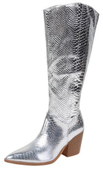 Berness Women Knee High Western Cowboy Boots Side Zippers Block High Heel Pointed Toe Snakeskin Print LILIBETH Silver