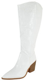 Berness Women Knee High Western Cowboy Boots Side Zippers Block High Heel Pointed Toe Snakeskin Print LILIBETH White Patent