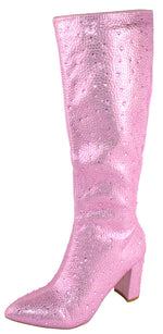 TOP MODA Women Knee High Rhinestone Studded Bling Boots Side Zippers Block High Heel Pointed Toe Sparkly&nbsp;MARTHA-22 Pink