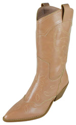 Berness Myrtle Women's Mid-Calf Cowboy Boots Pointed Toe Embroidered Stitching Block Heel Metallic Western Country Concert Line Dance Boots Pull On Beige