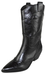Berness Myrtle Women's Mid-Calf Cowboy Boots Pointed Toe Embroidered Stitching Block Heel Metallic Western Country Concert Line Dance Boots Pull On Black