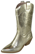 Berness Myrtle Women's Mid-Calf Cowboy Boots Pointed Toe Embroidered Stitching Block Heel Metallic Western Country Concert Line Dance Boots Pull On Gold