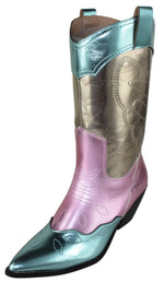 Berness Myrtle Women's Mid-Calf Cowboy Boots Pointed Toe Embroidered Stitching Block Heel Metallic Western Country Concert Line Dance Boots Pull On Colorful Multi-Color