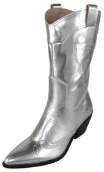 Berness MYRTLE Women's Mid-Calf Cowboy Boots Pointed Toe Metallic Western Country Concert Line Dance Boots Chunky Cuban Block Heel Pull-On Boots Silver