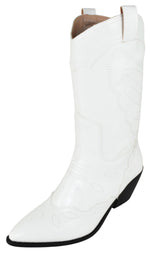 Berness Myrtle Women's Mid-Calf Cowboy Boots Pointed Toe Embroidered Stitching Block Heel Metallic Western Country Concert Line Dance Boots Pull On White