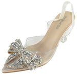 Berness Women’s Clear Heels – Transparent PVC Strap Rhinestone Bow Pointed Toe Pumps, Kitten Heel Slip-On Mule Formal Dress Shoes for Wedding Party Evening NINA05 Beige