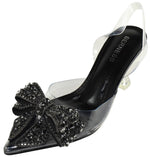 Berness Women’s Clear Heels – Transparent PVC Strap Rhinestone Bow Pointed Toe Pumps, Kitten Heel Slip-On Mule Formal Dress Shoes for Wedding Party Evening NINA05 Black