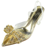 Berness Women’s Clear Heels – Transparent PVC Strap Rhinestone Bow Pointed Toe Pumps, Kitten Heel Slip-On Mule Formal Dress Shoes for Wedding Party Evening NINA05 Gold