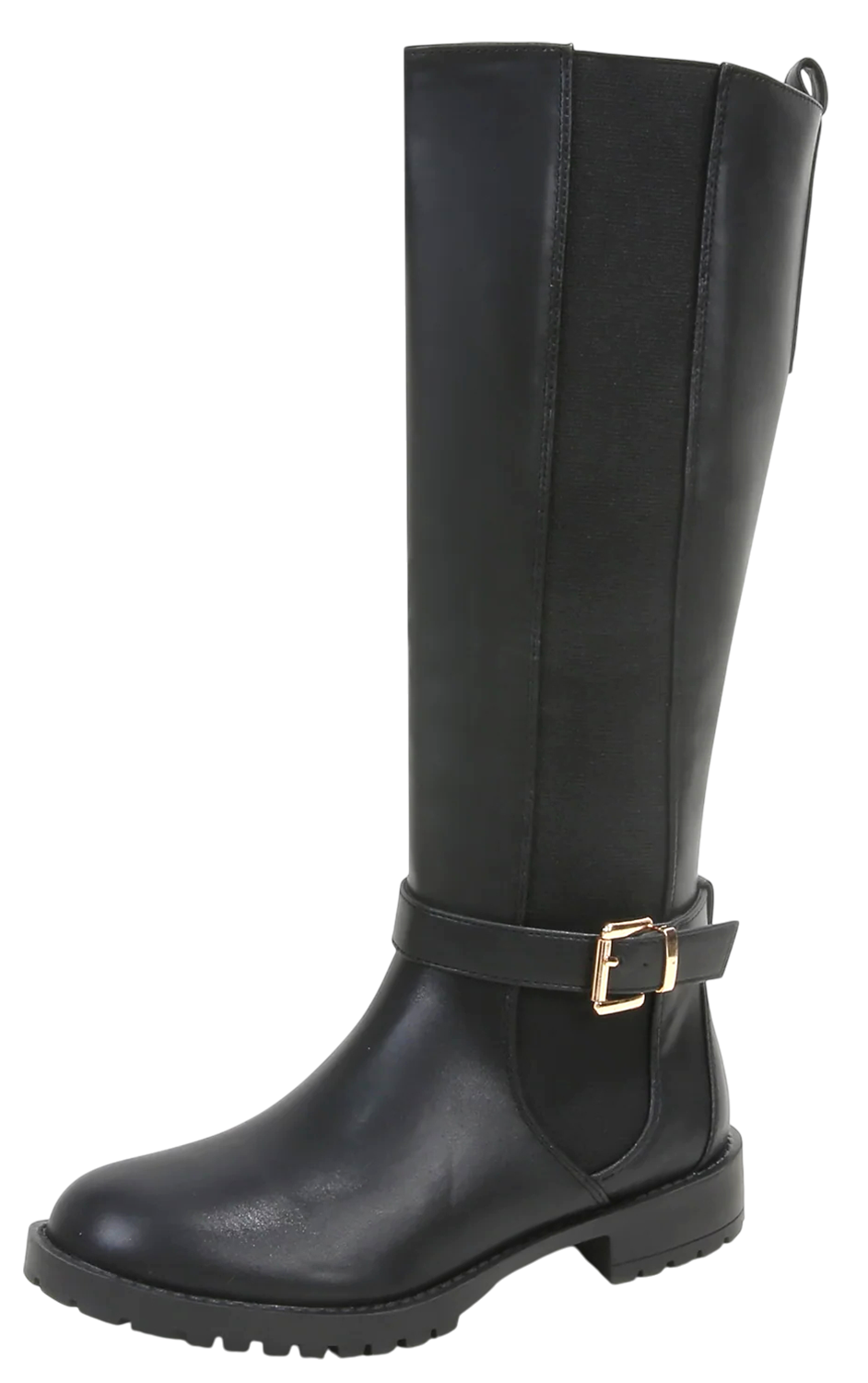 Berness Women Knee High Boots Buckle Strap Riding Elastic Sides Zippers Flat Block Heel PAMA Black PU