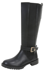 Berness Women Knee High Boots Buckle Strap Riding Elastic Sides Zippers Flat Block Heel PAMA Black PU