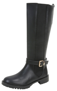 Berness Women Knee High Boots Buckle Strap Riding Elastic Sides Zippers Flat Block Heel PAMA Black PU