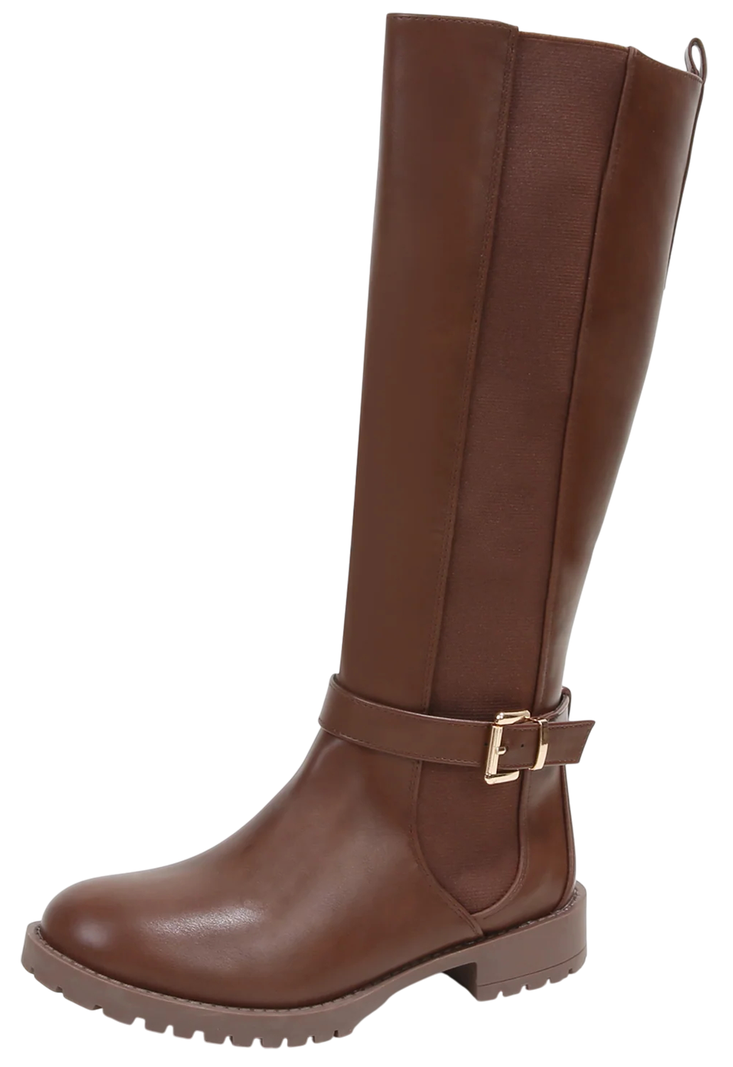 Berness Women Knee High Boots Buckle Strap Riding Elastic Sides Zippers Flat Block Heel PAMA Brown