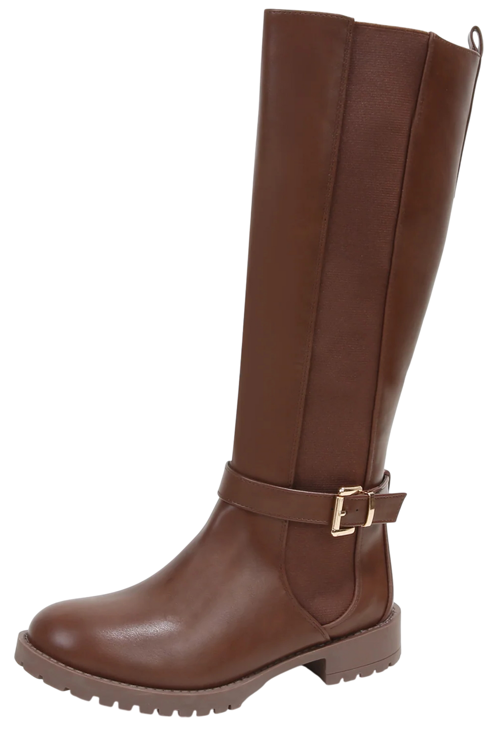Berness Women Knee High Boots Buckle Strap Riding Elastic Sides Zippers Flat Block Heel PAMA Brown