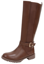 Berness Women Knee High Boots Buckle Strap Riding Elastic Sides Zippers Flat Block Heel PAMA Brown