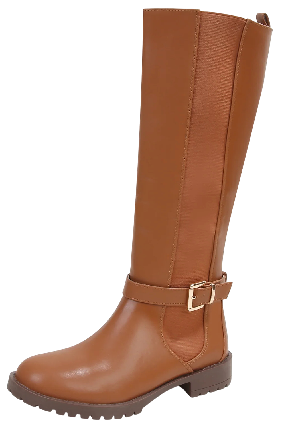 Berness Women Knee High Boots Buckle Strap Riding Elastic Sides Zippers Flat Block Heel PAMA Camel