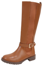 Berness Women Knee High Boots Buckle Strap Riding Elastic Sides Zippers Flat Block Heel PAMA Camel